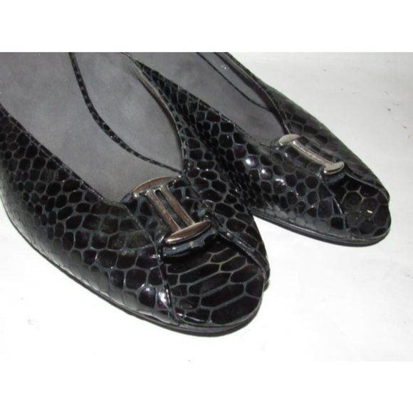 Stuart Weitzman Black Embossed Patent Snakeskin Wdges