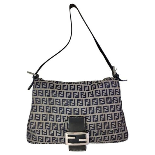 Fendi W Mamma Forever Canvasleather Chrome Ff Navy Zucchino Print On Grey Canvas And Leather Shoulde