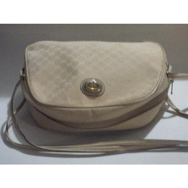 Gucci Vintage Ivory Canvas With Small G Logo And Stone Leather Shoulder Bag