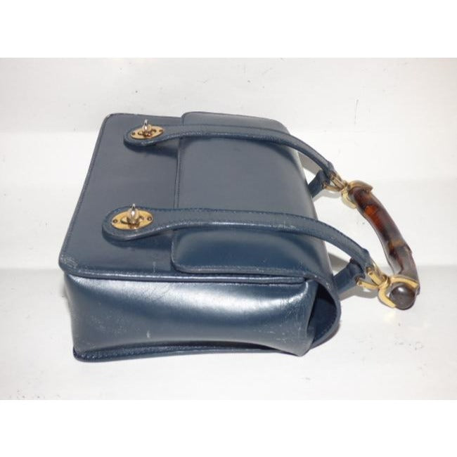 Gucci Vintage Navy Blue Leather And Bamboo Handle Satchel