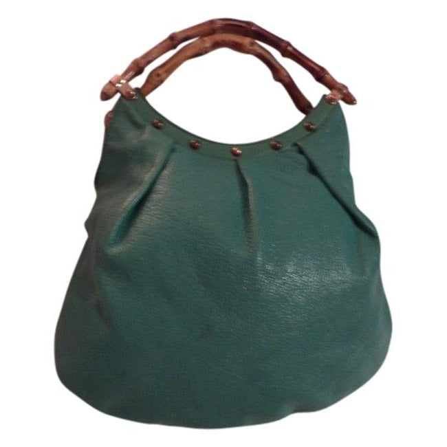 Gucci Vintage Teal Green Leather With Bamboo Handles Tote