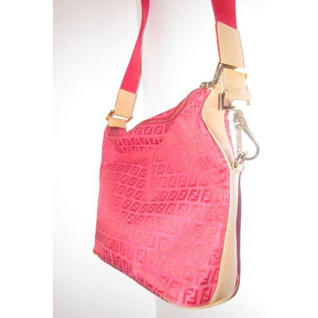 Fendi Shoulder Zucchino Cross Body Redpink Printcamel Canvas And Leather Hobo Bag