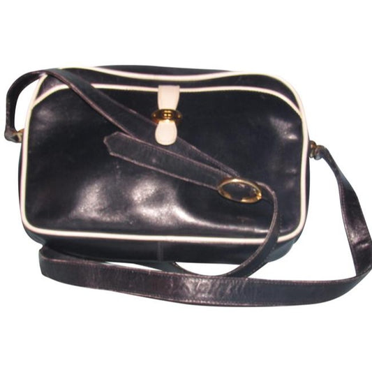 SALE! Gucci Navy Blue Leather With White Piping Shoulder Bag