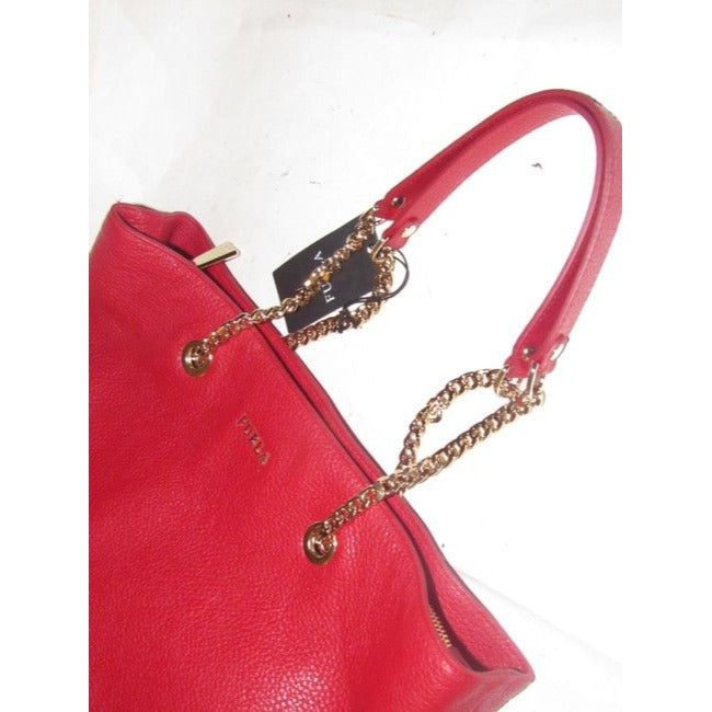 NWT, Furla, 'St. Alice', true red leather satchel with two gold chain & red leather straps, a footed bottom, and multiple compartments & pockets