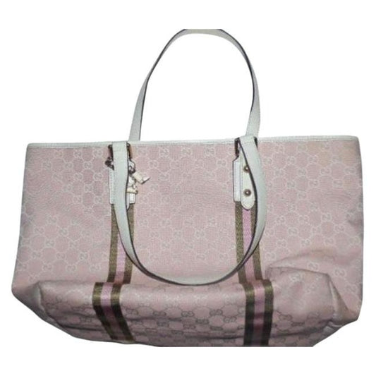 Gucci Vintage Pink And White With Ivy Green Leather Canvas Tote