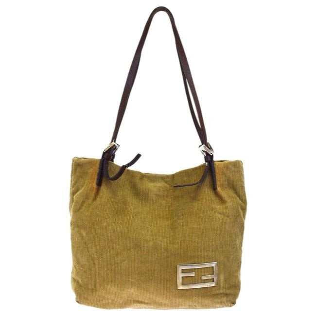 Fendi Or Satchel Style Purses Camel Corduroy And Brown Leather With Chrome Hardware Tote