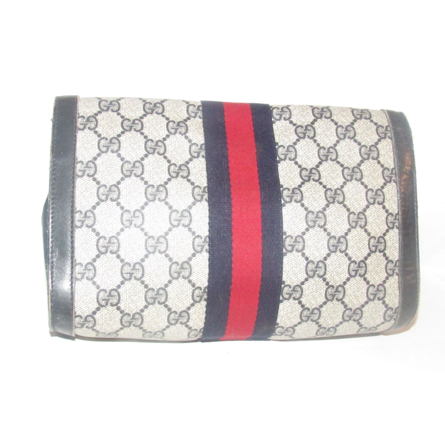 Gucci, navy Guccissima print coated canvas & leather, clutch or cosmetic bag with a red & blue Sherry striped center and envelope top