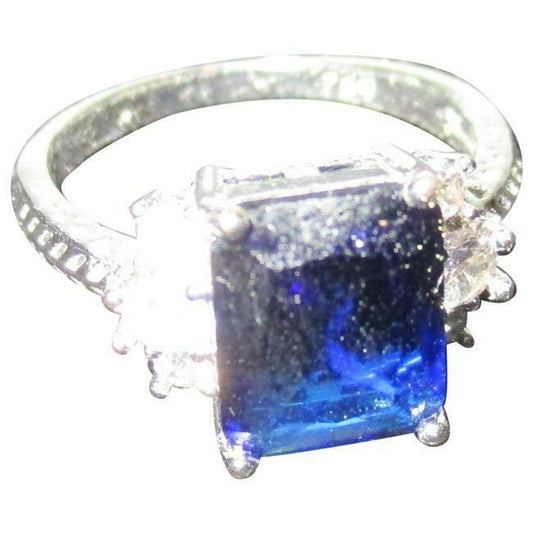 Art Deco Emerald cut Blue Sapphire Sterling Silver Ring