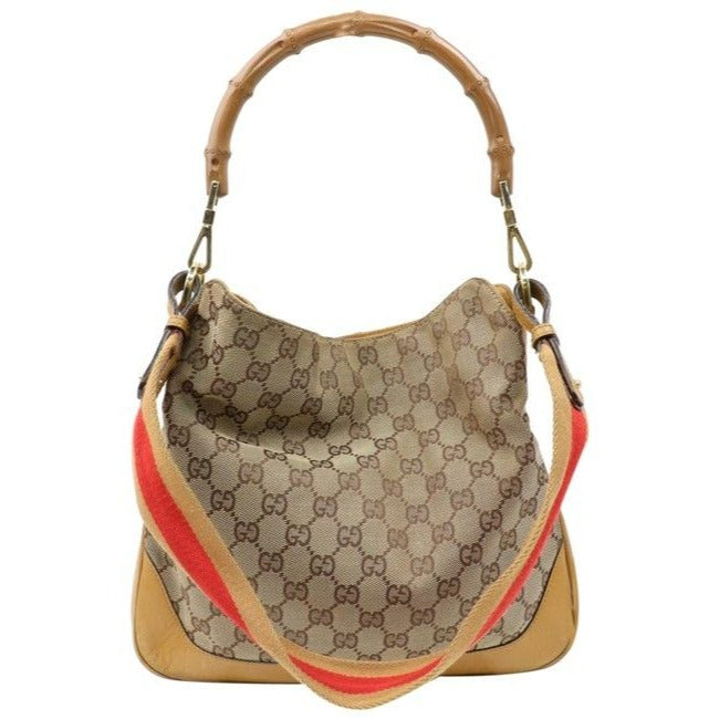 Gucci W Sarah Flip Top Two Handle Gold Striped Brown Gredcamel Strap Leather And Canvas With Bamboo