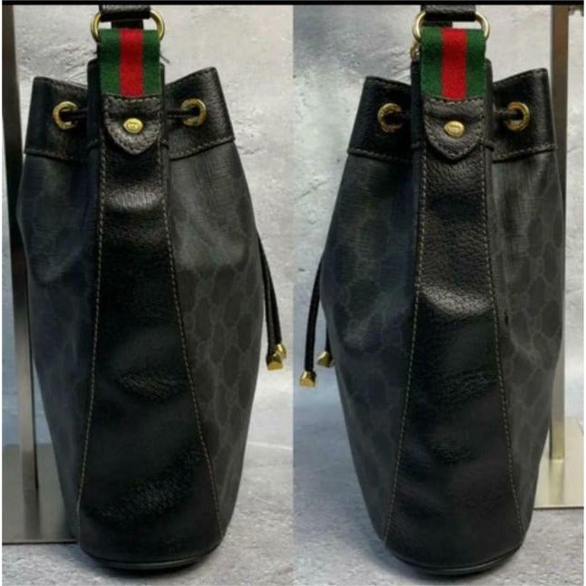 Gucci Black Guccissima Leather Bucket Bag W red & green Striped Accent