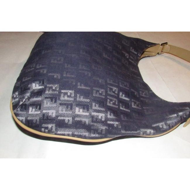 Fendi Style Shoulder Purse Zucchino Or Small F Logo Print Canvas In Shades Of Blues And Grey And Cam