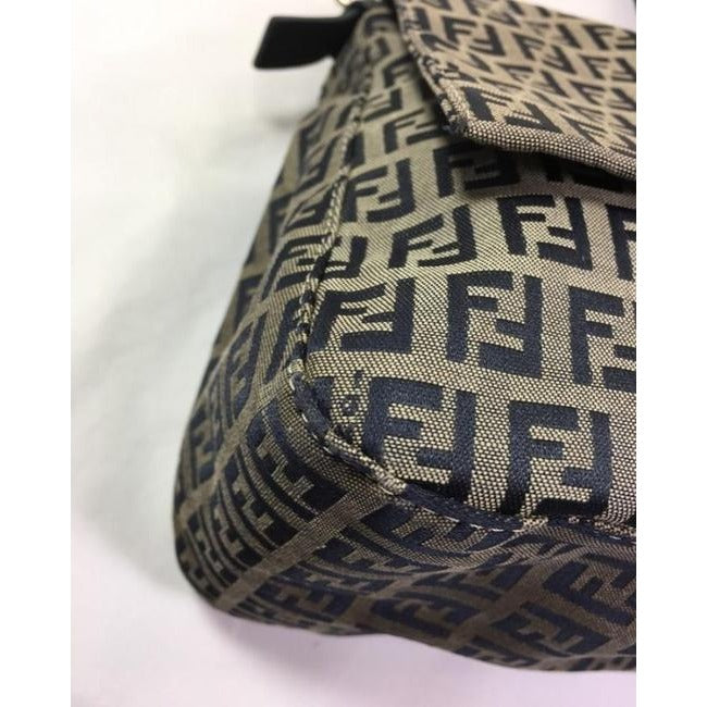 Fendi W Mamma Forever Canvasleather Chrome Ff Navy Zucchino Print On Grey Canvas And Leather Shoulde