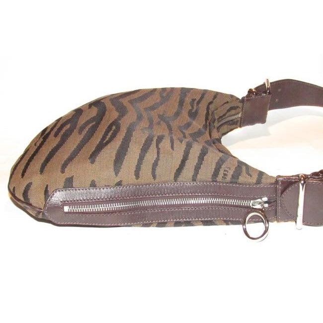 Fendi Large Oyster Style Shoulder Purse Brown And Black Tiger Print Canvas And Brown Leather Leather