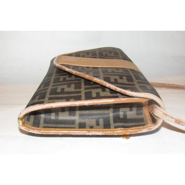 Fendi Clutch Zucca Print Two Way Style Cross Bodyshoulder Purse Or Brown Large F Logo Coated Canvas