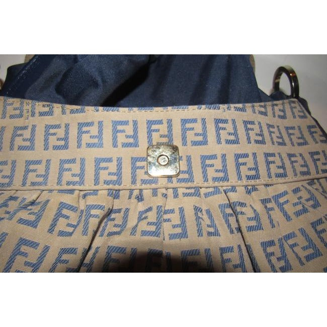 Fendi Pursesdesigner Purses Blue Small F Logo Print On Tan Canvas And Navy Leather Hobo Bag