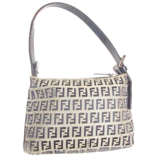 Fendi Zucchino Shoulder Purse Navy Print On Tan Leather And Canvas Hobo Bag