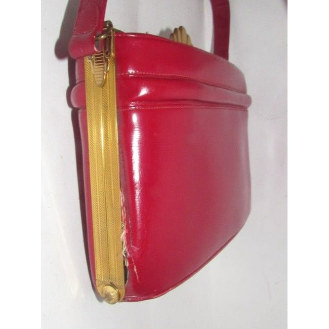 Evans Vintage True Red Leather And Engraved Gold Frame And Clasp Satchel