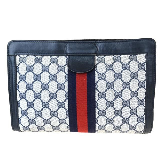 Gucci Navy Guccissima Print Coated Canvas & Navy Leather Clutch with Red & Blue Sherry Stripe & Velcro Closure