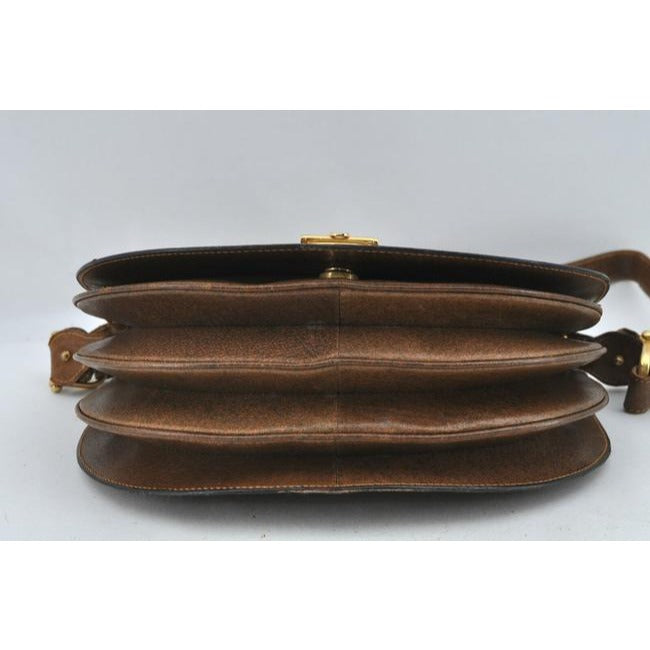 Early Gucci, brown leather saddle bag style, XL two-way shoulder bag or clutch with red and green striped edges