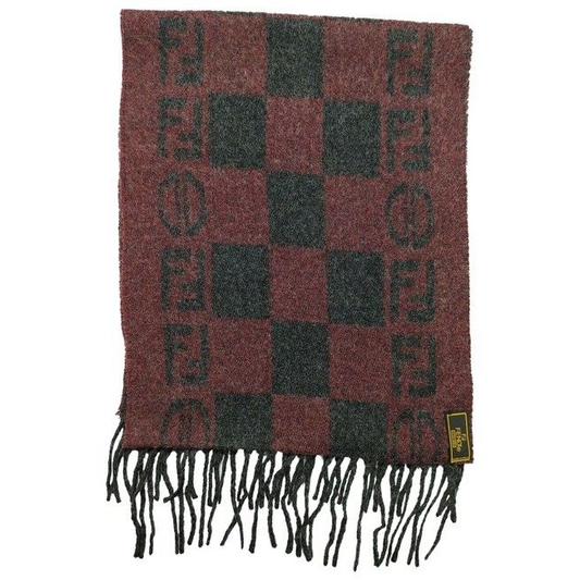 Fendi Red Grey Zucca Print Logo Wool Scarf