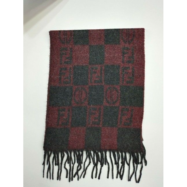 Fendi Red Grey Zucca Print Logo Wool Scarf