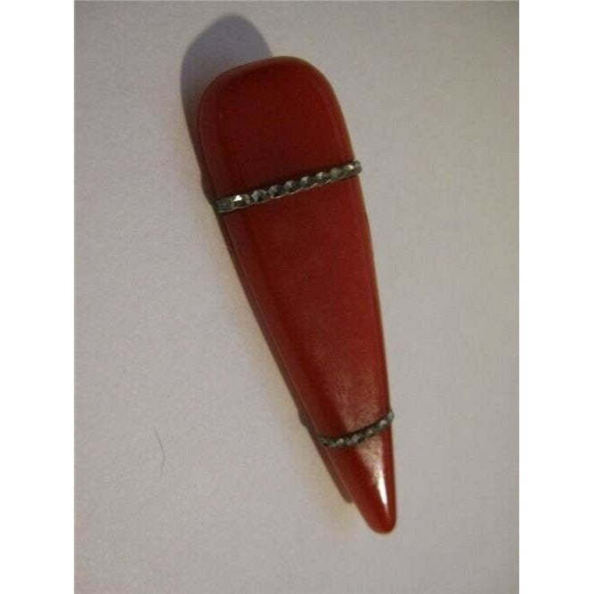 Art Deco Era Red Bakelite Stylized Elongated Teardrop Silver Metal Brooch Pin