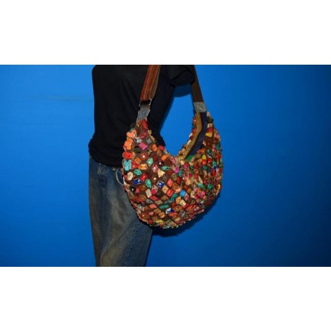 Vintage Colorful Flowers & Leather Color block Strap Hobo