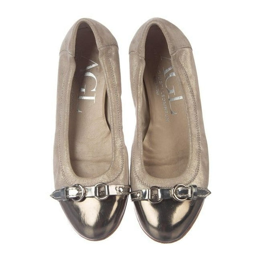 Attilio Giusti Leombruni Pewter Suede Agl Round Toe Metallic Cap Toes Flats Size Eu