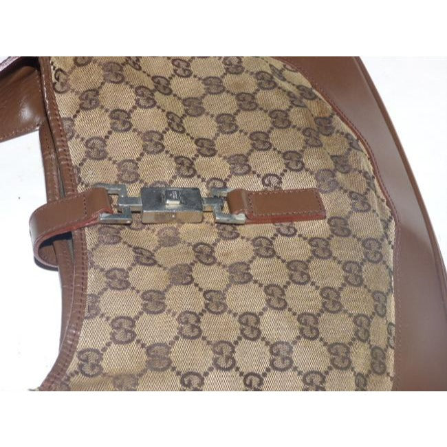 Gucci Jackie Vintage Style Shoulder Purse Brown Large G Logo Print Leather Canvas Hobo Bag