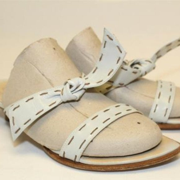 FURLA White Leather 2 Strap Slides with Brown Contrast Stitching & 1.5" Kitten Heels