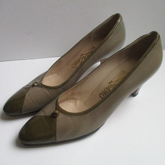 Ferragamo Sophisticated Almond Toe Taupe  Grn Khaki