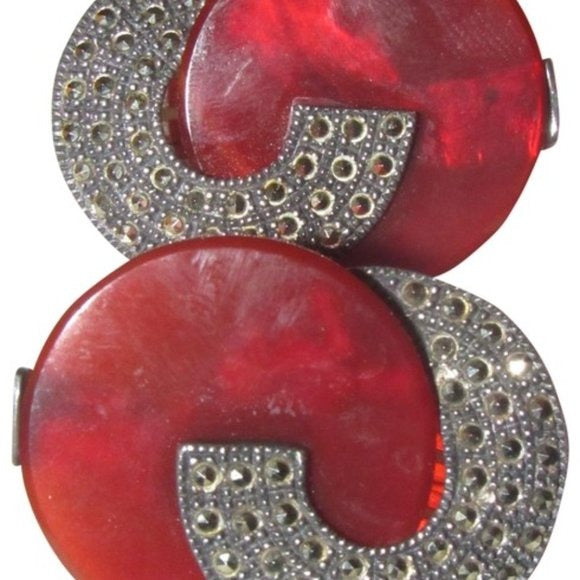 Art Deco Judith Jack Marcasite and Red Prystal Bakelite in Sterling Silver Clip On Earrings