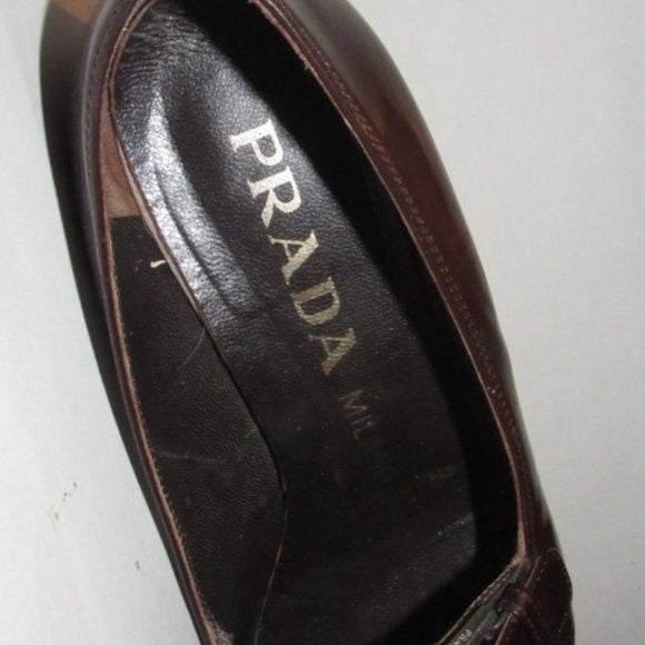 Prada RETRO Dark Brown Glossy Leather Square Toe Loafers