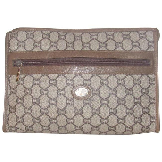 Gucci Webby Vintage Brown Coated Canvas With Plus Print & Brown Leather Clutch