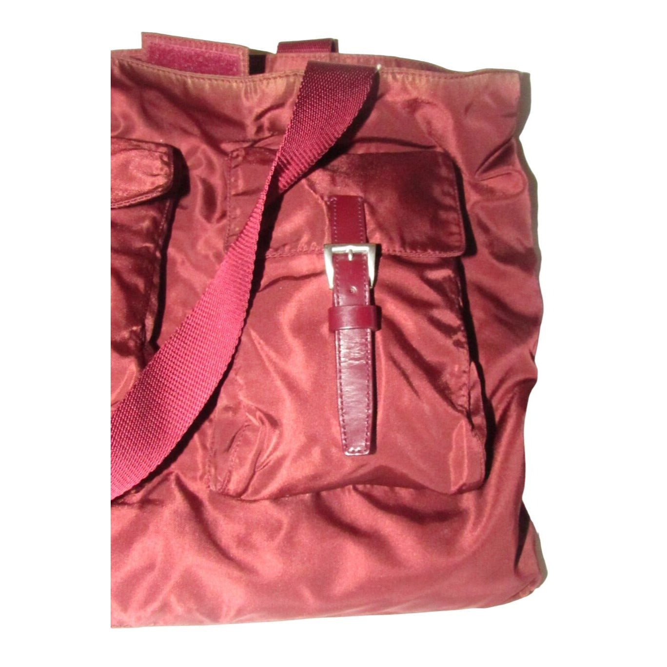 1990s Prada, dark red nylon & patent leather, satchel or tote bag with two handles, multiple compartments & pockets, & chrome hardware