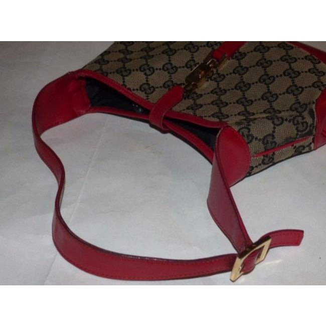 Gucci Jackie Shoulder Guccissima Print Style Top Handle Red And Brown G Logo Leather Hobo Bag