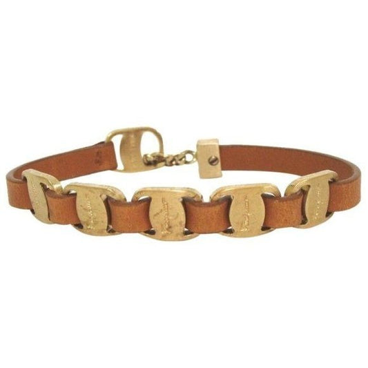 Salvatore Ferragamo VARA Camel Leather Gold Buckle Bracelet