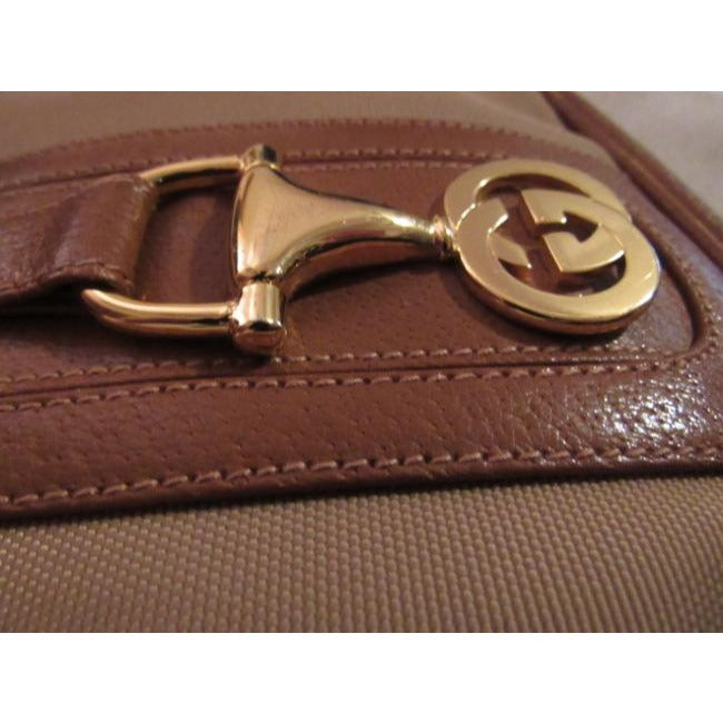 Gucci Vintage Tan Canvas Medium Brown Leather With Elaborate Center Clasp Leather