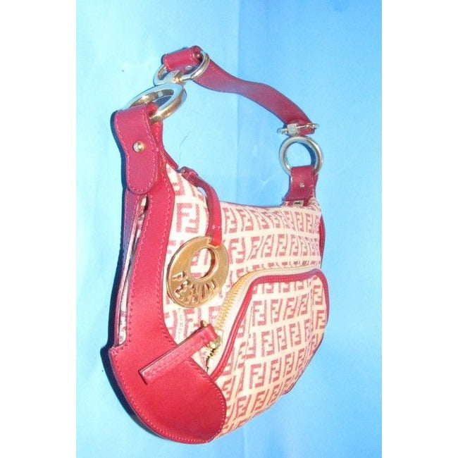 Fendi Chef Shoulder Purse Red Zucchino Print On Tan Leather And Canvas Hobo Bag