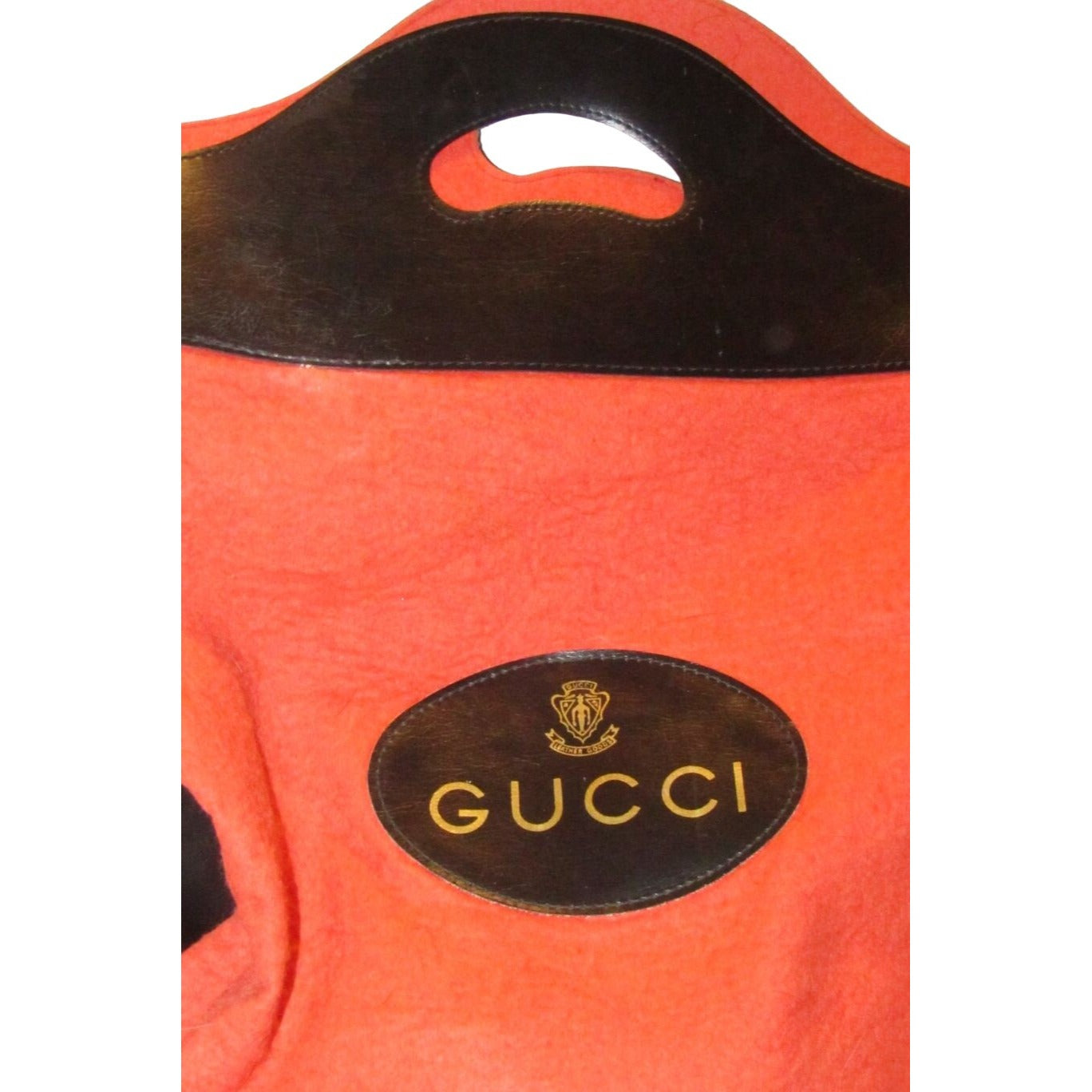 Vintage, Gucci, red soft wool & black leather, large tote with a leather oval with 'GUCCi' and the crest accent at the center