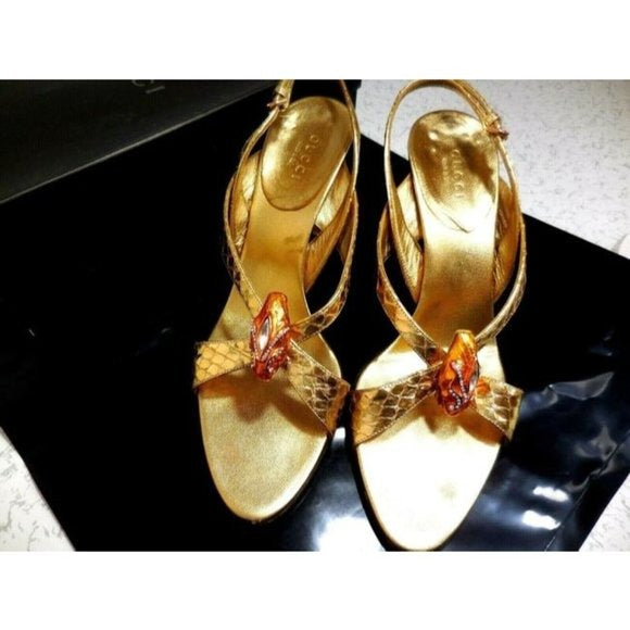 Gucci WHIPS Gold Leather Lame Snake Slingback