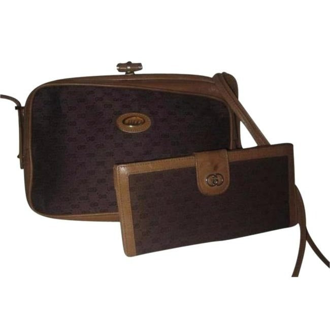 Gucci Vintage Shades Of Brown With Small G Logo Print Canvas Leather And Cross Body