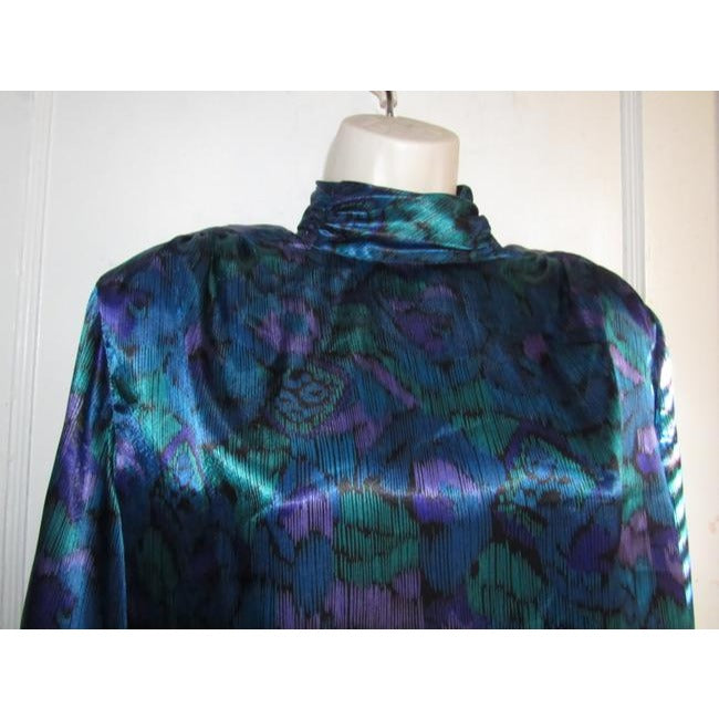 Notations Teal Green Purple And Black Peacock Print Silky Polyester Vintage Secretary Top