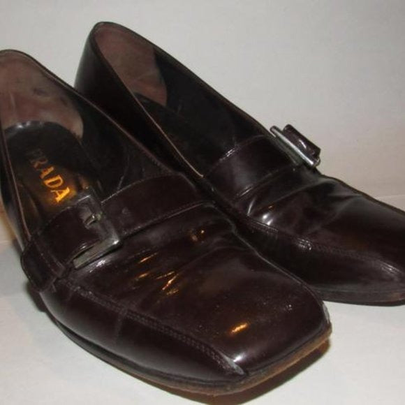 Prada RETRO Dark Brown Glossy Leather Square Toe Loafers