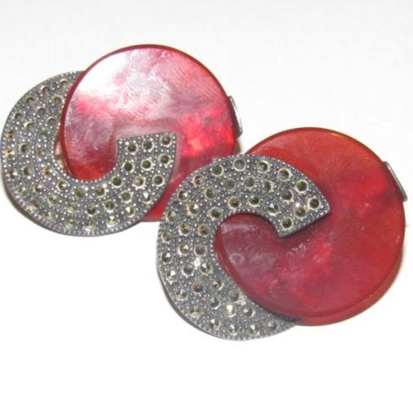 Art Deco Judith Jack Marcasite and Red Prystal Bakelite in Sterling Silver Clip On Earrings