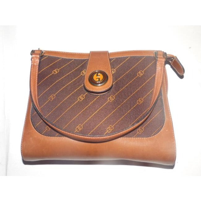 Gucci Vintage Shades Of Brown With Diagonal Rust Logo Print Leather Satchel