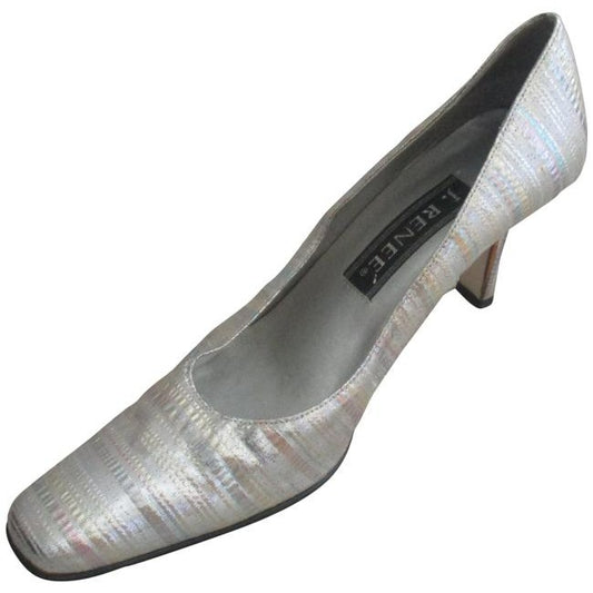 J Renee Silver Vintage Metallic Fabric Subtle Pastel Striped Heels Pumps Size Us