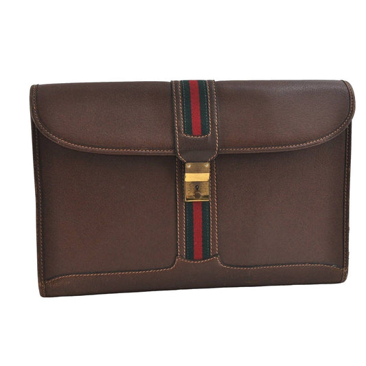 RARE, Gucci, Jackie, mod, brown leather, boxy, clutch or portfolio with a red & green stripe, a flap strap closure at the center