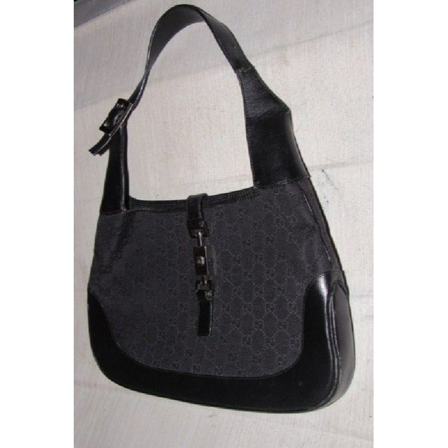 Gucci Jackie Black Charcoal Gray Leather Canvas Hobo Bag