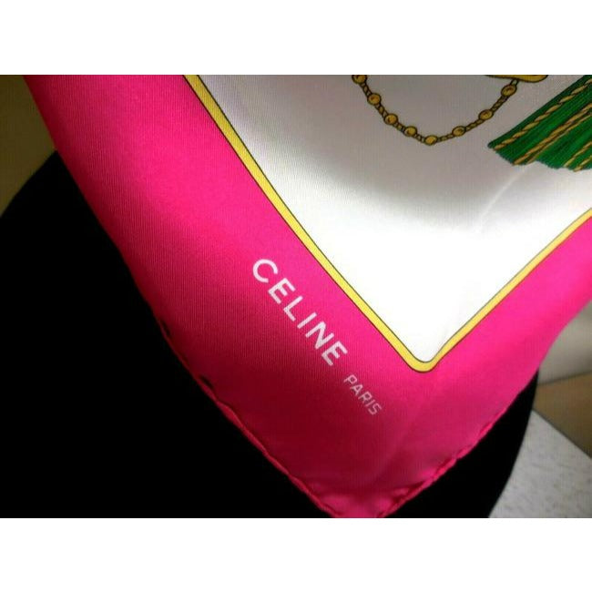 Celine Blue Pink Green Gold Tassels Equestrian Print Silk Scarf